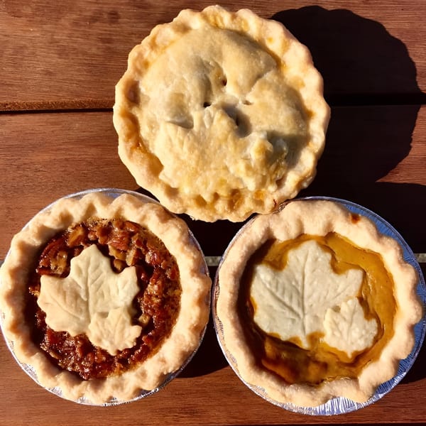Three mini pies, one apple, one pecan, and one pumpkin, on a wooden surface.